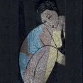 Mosaic artwork “Le Penseuse” by Sicis, Vetrite and turquoise, depicts a seated woman in muted beige, gray, gold, and blue tones.